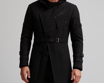 Svart herrtrenchcoat med cyberpunk-krage, taktisk lång ulljacka