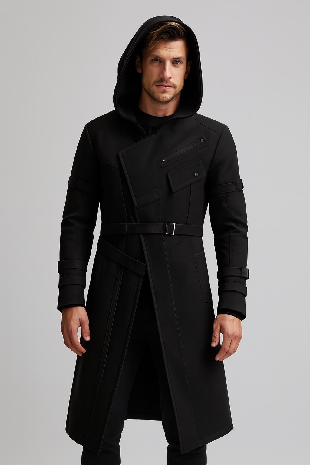 Men's Black Hooded Cyberpunk Trench Coat, Tactical Wool Long
