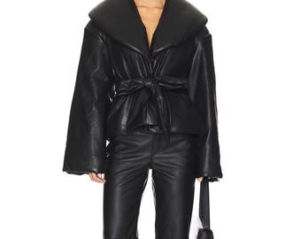 Handmade Glossy Black Leather Jacket – Oversized Collar, Belted Waist