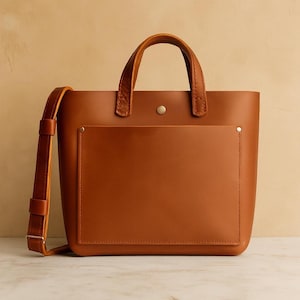 Full Grain Leather Tote Bag, Brown Handbag with Crossbody Strap
