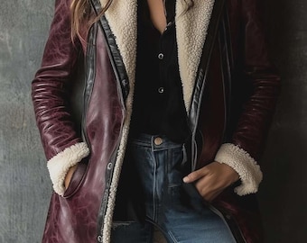 May include: A burgundy leather coat with a cream-colored shearling lining and trim. The coat features a black collar and zipper details, and is paired with blue jeans.