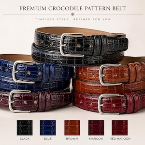 May include: Stacked belts in black, blue, brown, maroon, and red maroon, each with a crocodile pattern and silver-tone buckle. The belts are displayed with the text "PREMIUM CROCODILE PATTERN BELT" and color swatches labeled "BLACK", "BLUE", "BROWN", "MAROON", and "RED MAROON".
