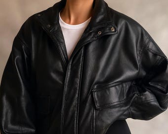 Oversized Black Leather Bomber Jacket | Women's Sheep Leather