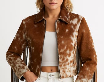 Women's Western Genuine Cowhide Leather Jacket with Fringe Cowskin Coat - Vintage Cowgirl Handmade Jacket