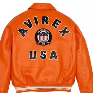 Avirex USA Icon Orange Bomber Leather Jacket Genuine Cowhide Leather Unisex Slim Fit Jacket, Street Wear Fashion Jacket Birthday Gift