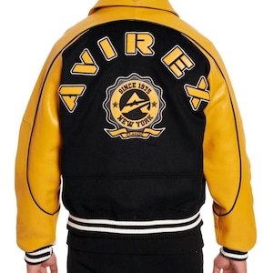 Avirex Classic Men&#39;s Leather & Wool Jacket, Avirex Bomber Jacket, 100% Real Cowhide Leather Premium Quality Wool, Gift