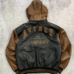 AVIREX USA ICON hooded jacket genuine cowhide leather black brown avirex bomber jacket embroidered  patch best for him / her