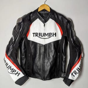 Triumph Biker Leather Jacket Black & White Great Combination Real Cowhide Leather Material MotoGP Racing Style Cafe Racer Leather Jacket