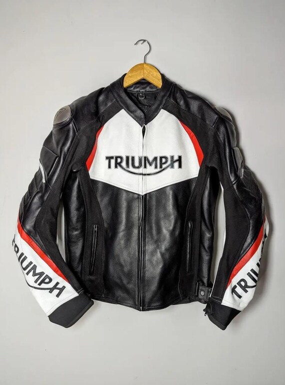 Triumph Biker Leather Jacket Black White Great Combination Real