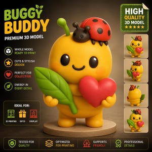 May include: A yellow 3D model of a cartoon character, "Buggy Buddy", holding a red heart and a green leaf. A ladybug sits on its head. The image includes text: "Buggy Buddy Premium 3D Model" and "High Quality 3D Model".