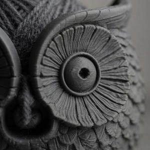 Puede incluir: Un cuenco para lana con forma de búho gris oscuro que presenta una textura detallada impresa en 3D con patrones de plumas en capas en el cuerpo y líneas radiales que rodean los ojos circulares. Un ovillo de lana gris oscuro es visible.