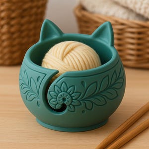 Peut inclure: Bol à fil en forme de chat de couleur teal, avec un motif floral et une pelote de laine jaune à l'intérieur. Le bol a une fente pour que le fil puisse passer. Deux aiguilles à tricoter en bois sont à côté du bol.