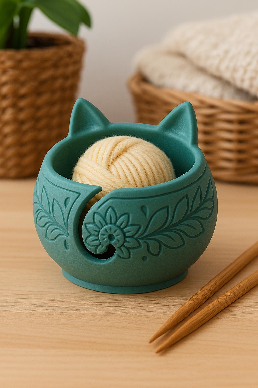 3D Printed Cat Ear Yarn Bowl: Floral Knitting Organizer (3MF File)