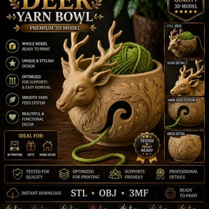 Op de afbeelding: Een beige garenkom in de vorm van een hert met een groene bol garen erin. De kom heeft een gedetailleerd ontwerp en een gleuf voor het garen. De tekst op de afbeelding luidt "DEER YARN BOWL" en "PREMIUM 3D MODEL".