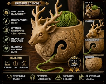 May include: A beige deer-shaped yarn bowl with a green yarn ball inside. The bowl has a detailed design and a slot for the yarn to feed through. The text on the image says "DEER YARN BOWL" and "PREMIUM 3D MODEL".