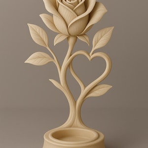 Puede incluir: Escultura de rosa de madera tallada con un tallo en forma de corazón. La escultura presenta una flor de rosa detallada, hojas y una base circular. La pieza está hecha de madera de color claro y se encuentra sobre un fondo neutro.