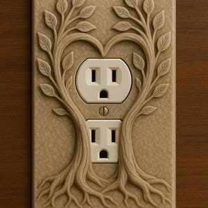 May include: Beige electrical outlet cover with a carved tree design. The tree branches form a heart shape around the two outlets. The outlets are white. The cover is rectangular and has a textured surface.