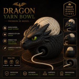 Könnte beinhalten: Eine schwarze Garnschale in Drachenform mit einem Knäuel beigefarbener Wolle. Die Schale hat grüne Augen und eine strukturierte Oberfläche. Der Text "DRAGON YARN BOWL" ist darüber zu sehen.