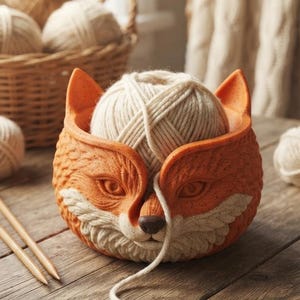 May include: A round orange and cream-colored yarn bowl shaped like a fox head with pointed ears and detailed facial features. The bowl holds a ball of off-white yarn, with a single strand feeding through a small opening in the fox's nose area.