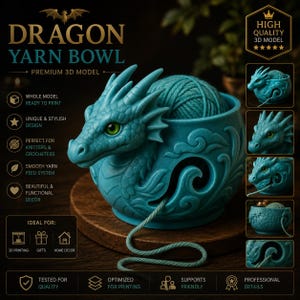 May include: A teal dragon yarn bowl with a ball of yarn inside. The bowl has a dragon head design and is labeled "DRAGON YARN BOWL". The image includes text that says "Premium 3D Model" and "High Quality 3D Model".