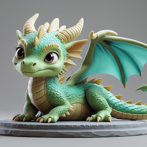 May include: A cute dragon figurine in a cartoon style. The dragon is predominantly green with tan detailing, large brown eyes, and teal wings. It rests on a grey, circular base, suitable for fantasy decor or a child's bedroom.