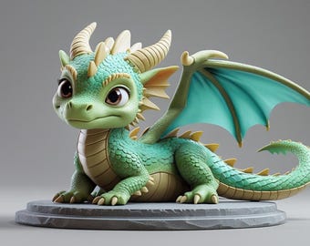 May include: A cute dragon figurine in a cartoon style. The dragon is predominantly green with tan detailing, large brown eyes, and teal wings. It rests on a grey, circular base, suitable for fantasy decor or a child's bedroom.