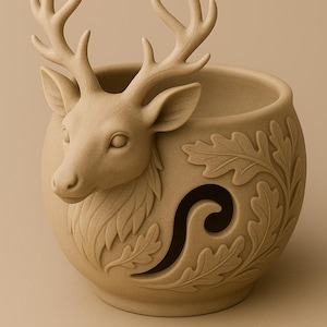 May include: A beige ceramic planter with a deer head and antlers protruding from the rim. The planter's body is adorned with a carved oak leaf design and a decorative cutout.