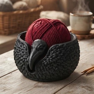 May include: A black yarn bowl featuring a sculpted raven head and textured feather details on the exterior. The bowl holds a round ball of deep red yarn, with a curved opening at the front for the yarn to feed through during knitting or crochet.