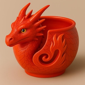 Può includere: Una ciotola in ceramica arancione brillante a forma di drago. La testa del drago è dettagliata con squame, corna e un occhio giallo. La ciotola ha una base rotonda e un design decorativo a forma di ala. Un pezzo decorativo unico.