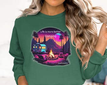 Life is More Better camping-T-shirt, retro camper-T-shirt, outdoor-avontuurtop, grafisch campingshirt, landschapsontwerp Bonfire
