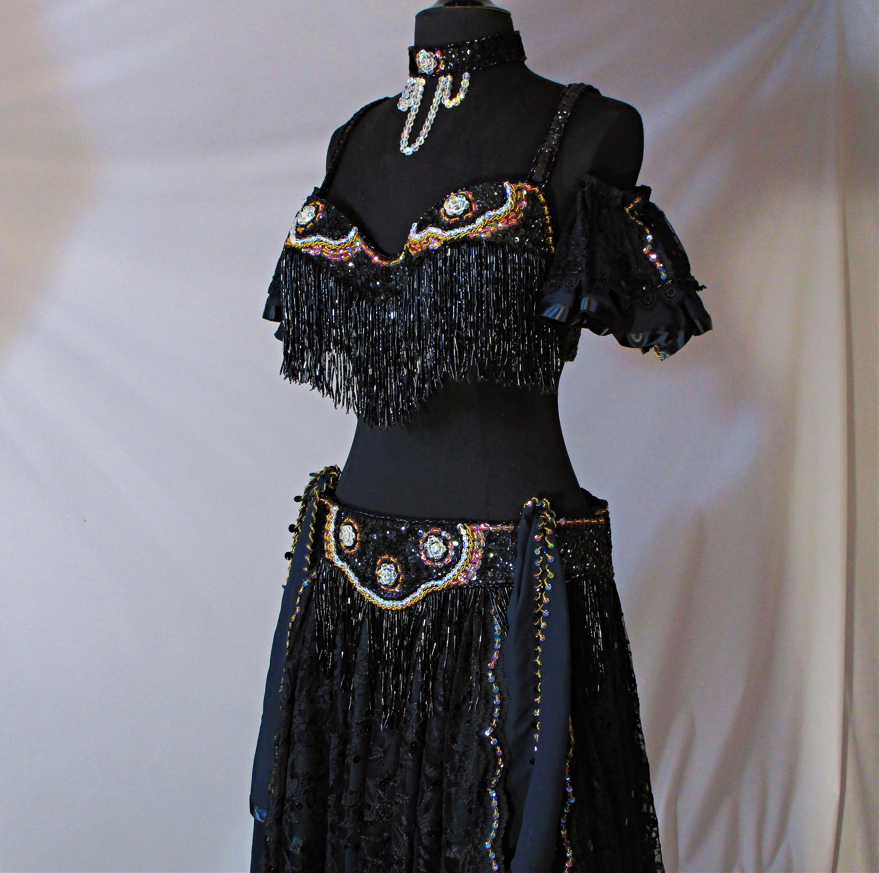 Black Belly Dance Costume, Sequin Beaded Bra Skirt Set, Ren Faire