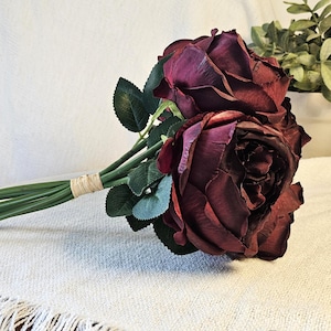 6 Cabbage Roses | Purple/Mulberry | Artificial Fake | Silk Flower Bouquet | Wedding