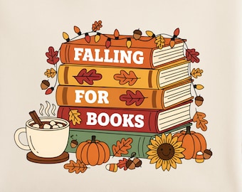 Falling for Books herfstshirt png, herfstboekliefhebber sublimatieontwerp, pompoenbladeren koffie png, herfst gezellig lezersontwerp