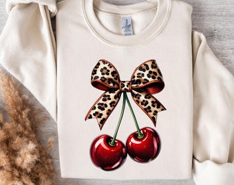 Leopard Print Bow Cherry Clipart PNG, Stylish Cherries Digital Graphic for Sublimation, Coquette Cherries T-Shirts, Cherry Bow Stickers