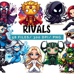 Rivals clipart png bundle, 58 PNG superhero and villains Chibi Characters, Game battle inspired characters Digital download