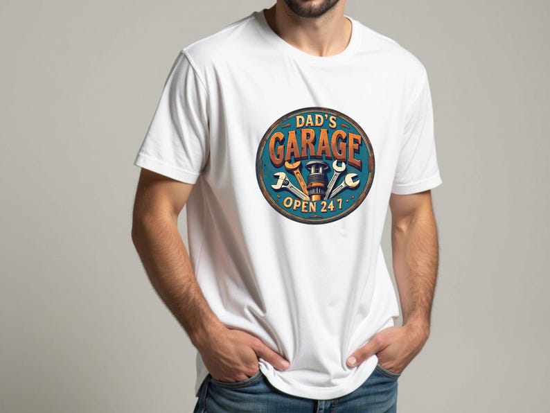 Może przedstawiać: Biała koszulka z niebiesko-pomarańczową grafiką klucza i tekstem "Garage Taty Otwarte 24/7".