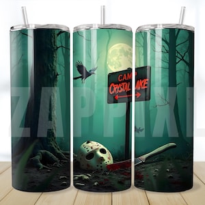 Camp Crystal inspirierte Tumbler Wrap PNG, Horrorfilm Fan 20 Unzen Wrap, Freitag die 13te Waldmaskenszene, Halloween Sublimationsdesign