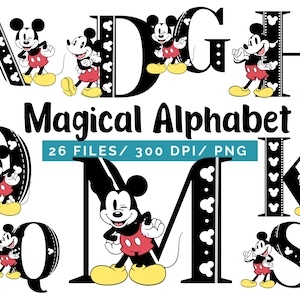 Paquete de imágenes prediseñadas PNG inspiradas en Mickey mágico, 26 letras del alfabeto PNG inspiradas en temas mágicos, letras PNG inspiradas en personajes de dibujos animados personalizados