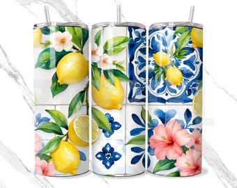 Tumbler 20oz Wrap of Lemons, Flowers & Tiles in Amalfi Coast Style, Amalfi Coast 20oz Skinny Tumbler Wrap PNG, Italian Summer Design