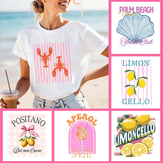 Limoncello Lemon T-Shirt Design PNG,  Italian Summer Bundle 6 PNG T-Shirt Sublimation,  Aperol Clipart for DIY Shirts, Beach style Bundled