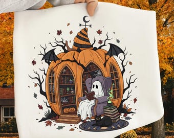 Haunted Pumpkin Library Ghost Shirt PNG, Halloween Spooky Book Lover Sublimation, Gothic Autumn PNG, Pumpkin reading ghost clipart