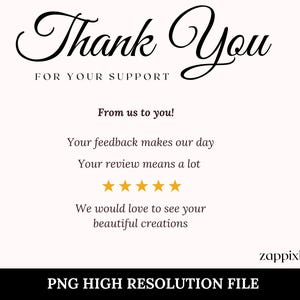 May include: A digital graphic with the words "Thank You" in elegant script above "FOR YOUR SUPPORT." Additional text includes "From us to you!" and a message of appreciation, along with five gold stars. The bottom banner reads "PNG HIGH RESOLUTION FILE."