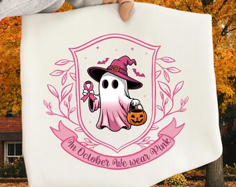 In October We Wear Pink Ghost PNG, Breast Cancer Awareness Halloween Shirt Design, Cute Pink Witch Ghost PNG, Pink Month design