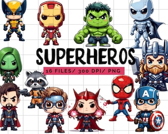 Superhero Clipart Bundle, 16 PNG Files, Cute Superhero Chibi Characters,Digital Download, 300 DPI Transparent Background