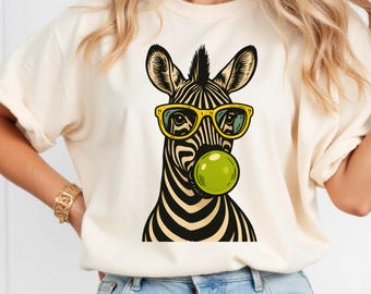 Trendy Zebra PNG, Cute Animal with Glasses Clipart, Bubble Gum Zebra T-Shirt Design, Funny Animal Print PNG, Hipster Zebra for Sublimation