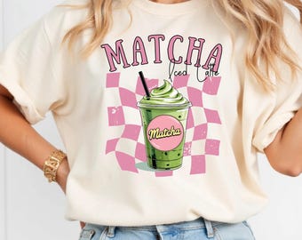 Matcha Iced Latte PNG, Aesthetic Matcha Drink T-Shirt, Pink Checkered Matcha Shirt, Matcha Lover Graphic Tee Design, Matcha Sublimation PNG