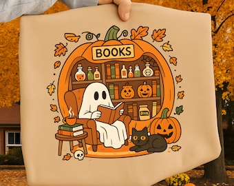 Ghost Pumpkin Book Nook Halloween Shirt PNG, Fall Reading Ghost Sublimation Design, Cozy Autumn Book Lover PNG, Pumpkin Library Clipart