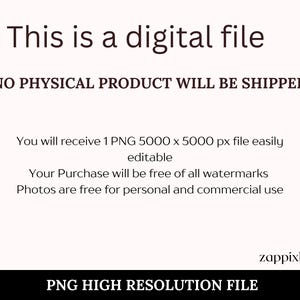 May include: Text on a cream background states "This is a digital file" and "NO PHYSICAL PRODUCT WILL BE SHIPPED." Additional text details a PNG file, watermark-free photos, and personal/commercial use. The bottom banner reads "PNG HIGH RESOLUTION FILE."