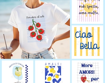 Italian Summer T-Shirt Bundle PNG,  Limoncello Bundle 7 PNG T-Shirt Sublimation,  Pomodoro and Ciao Bella Clipart for DIY Shirts,Beach vibes