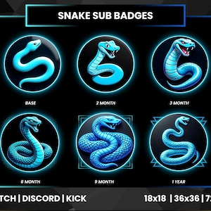 Op de afbeelding: Een set van zes blauwe sub-badges met slangenmotief voor Twitch, Discord en Kick. Elke badge heeft een gestileerd slangontwerp in een cirkelvormig frame, met tekst die de abonnementsduur aangeeft: Basis, 2 maanden, 3 maanden, 6 maanden, 9 maanden en 1 jaar. De afbeelding bevat ook de formaten 18x18, 36x36 en 72x72.